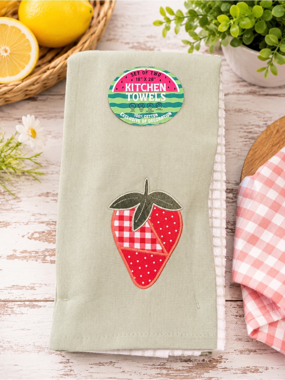 Set of Green Kitchen Towel with Red Strawberry Applique & Striped Towel